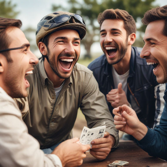 A man excitedly shares his racing betting wins with friends, highlighting Yesbet's referral program benefits.