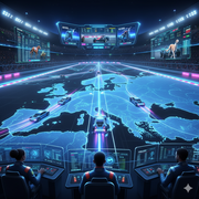 An image titled "Racing Ahead: The Growth of EU Online Casinos." The scene features a futuristic control room with three individuals in advanced uniforms seated at glowing consoles, overseeing a vast holographic display.