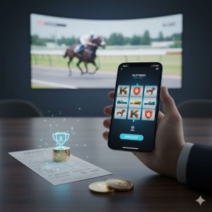 a gamer watching horse race on tv while holding a mobile phone with slot on the screen