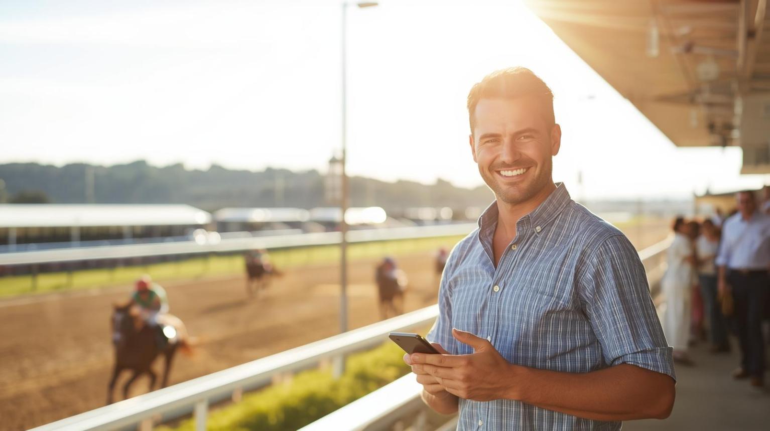 Focused racing enthusiast enjoying a bright trackside moment before placing a thoughtful bet.