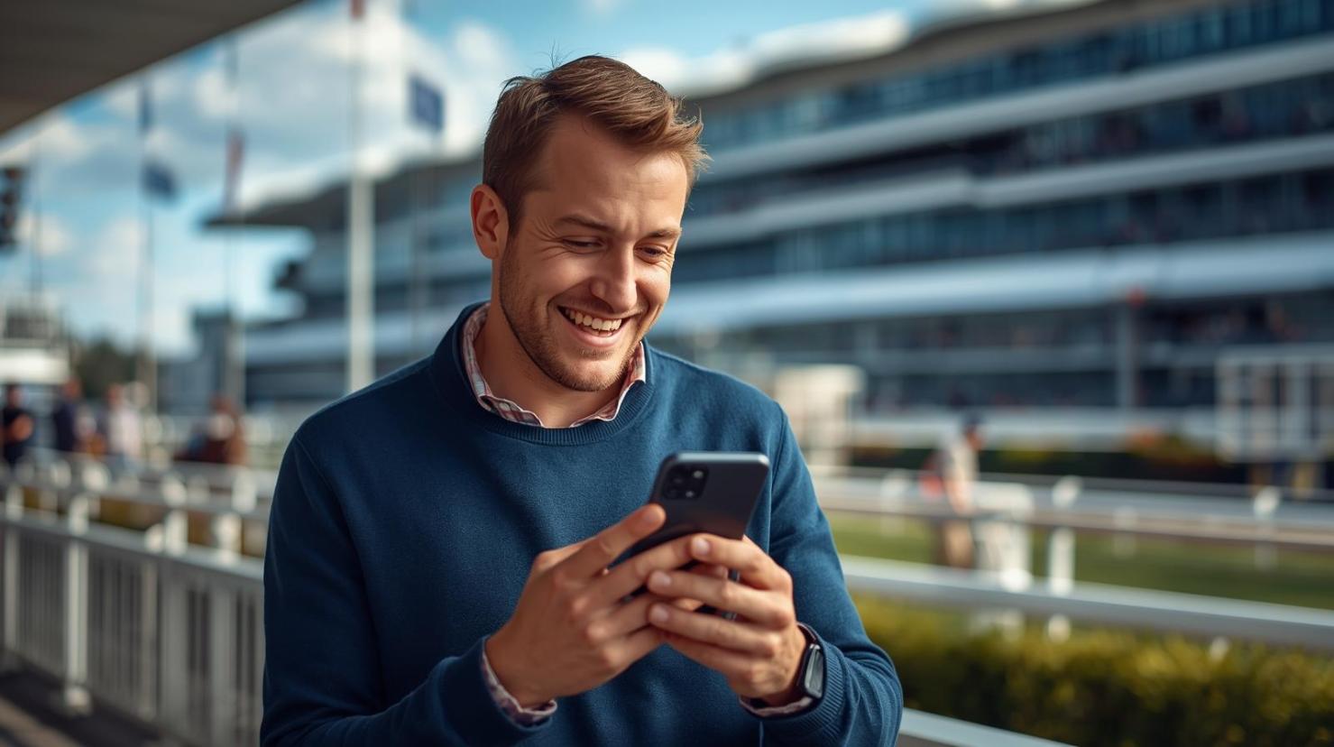 Smiling bettor at racetrack holding blurred phone while enjoying lively racing atmosphere.