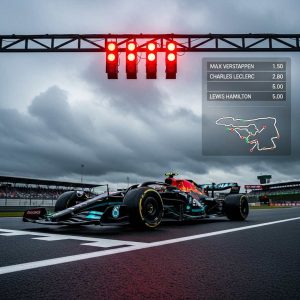 A Formula 1 car on the starting grid, glowing starting lights, rain clouds in the background, and digital race odds overlay with track map graphics.
