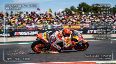 A MotoGP rider leaning sharply into a high-speed turn